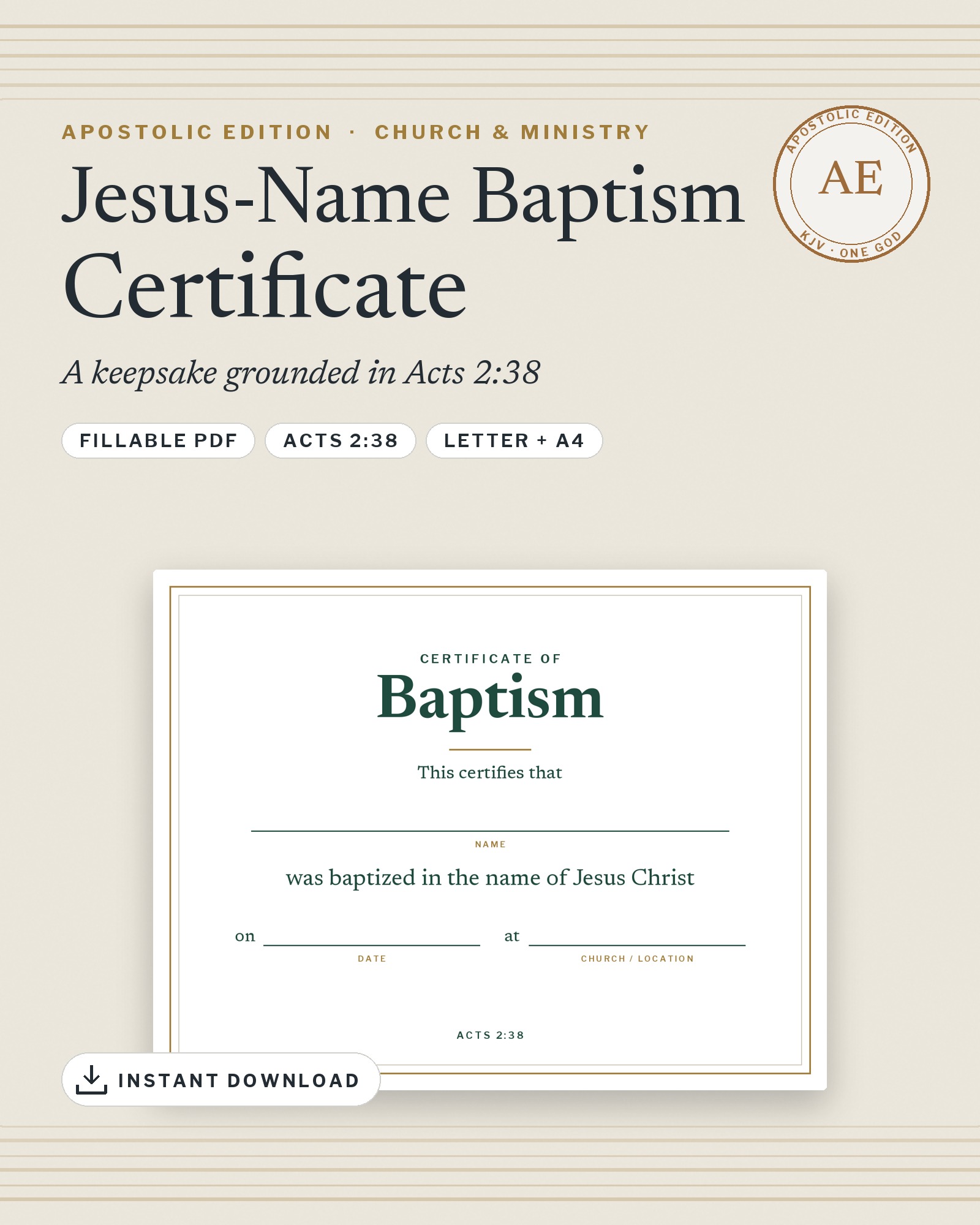 Jesus-Name Baptism Certificate — proposed AE cover
