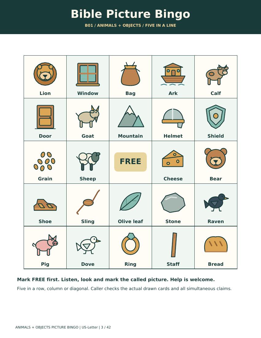 Sample page from Bible Picture Bingo