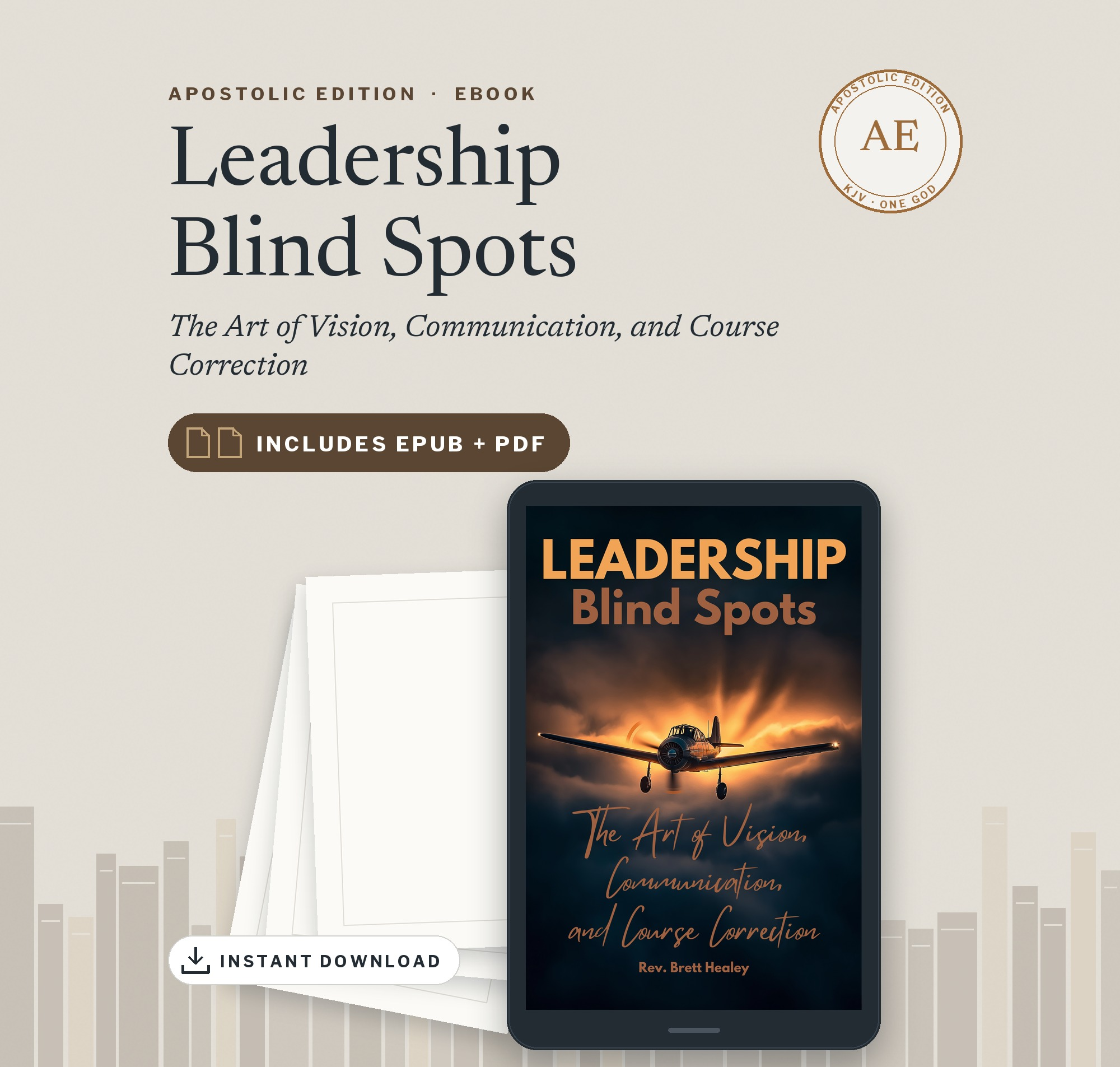 Leadership Blind Spots by Rev. Brett Healey — book mockup with an airplane and compass