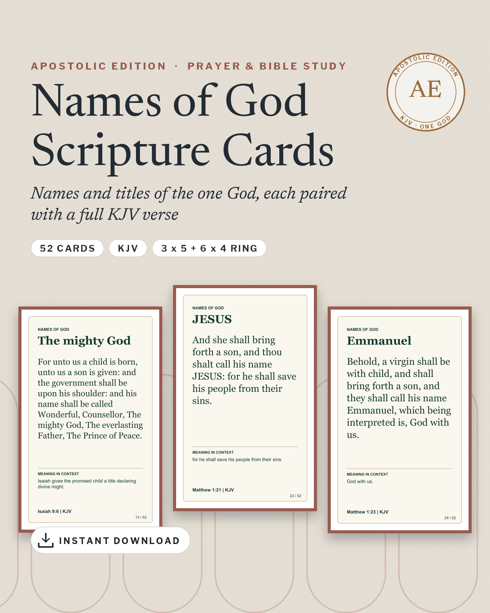 Names of God Scripture Cards cover with three printable KJV cards and the Apostolic Edition seal