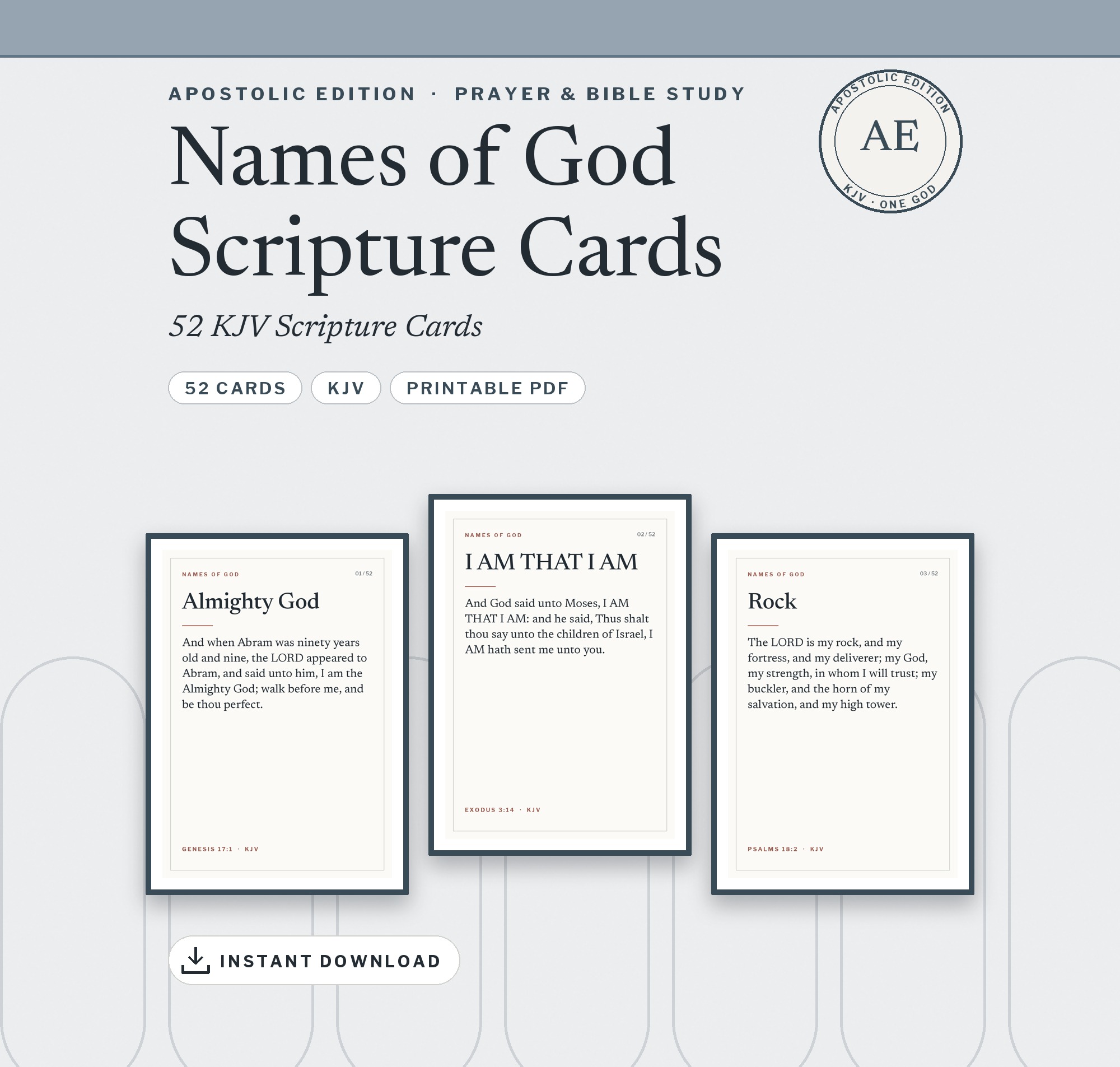 Names of God Scripture Cards: three KJV cards, The mighty God, JESUS and Emmanuel, on a light beige background